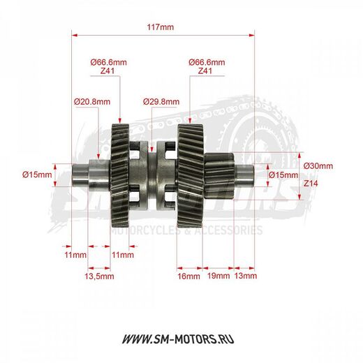 Вал редуктора реверсивный двиг. 1P63QML (180cc) pitbikemarket.ru